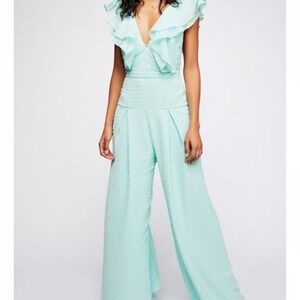 Fame & Partners Free People Jacy Ruffle Wide Leg‎ Jumpsuit Mint Swiss Dot Small